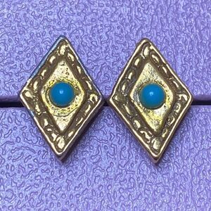 💛 Vintage Gold Filled Diamond Shape Faux Turquoise Earrings